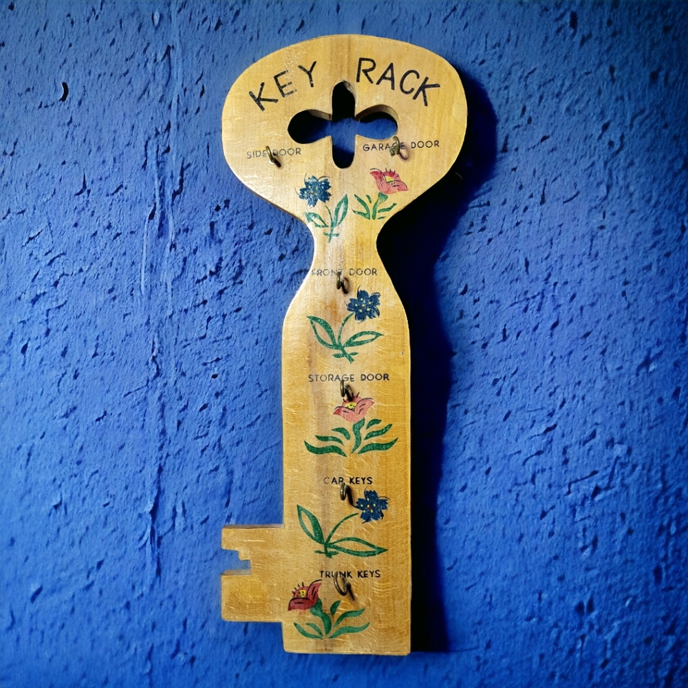 Vintage wooden key  holder with hooks for keys  floral painted design, Japan